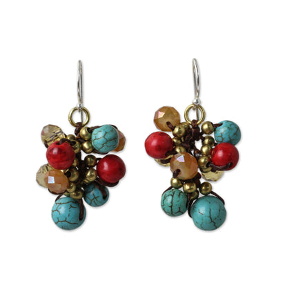Blue Fire Cattlelaya Blue and Red Gemstone Clusters on Hand Knotted Earrings
