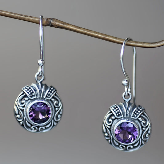 Lilac Ladybug Round Silver and Amethyst Dangle Style Earrings