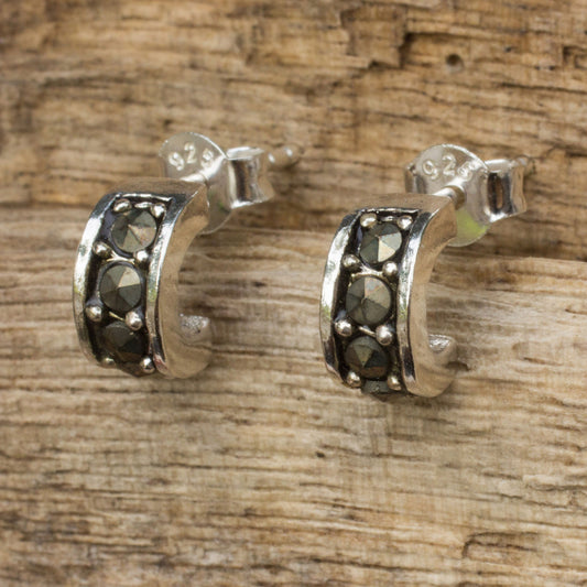 Ever Happy Marcasite Studs on Sterling Silver Half Hoop Earrings