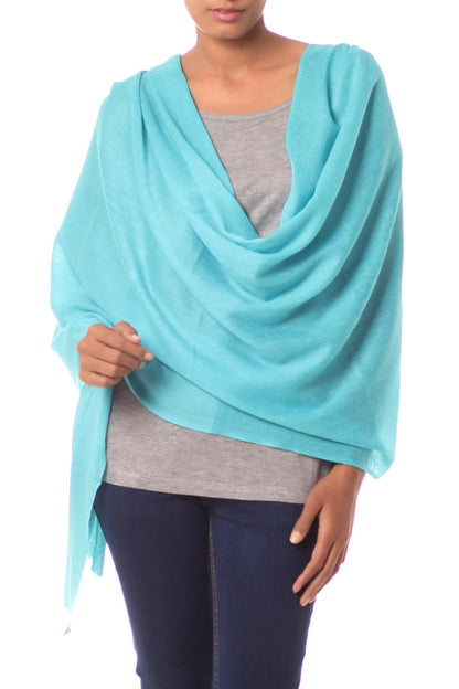 Cyan Glamour All-Wool Sky Blue Women's Shawl Handwoven in India