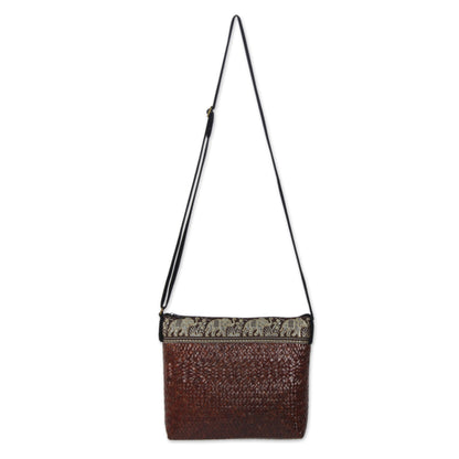 Siam Elephants on Brown Sedge Cotton Shoulder Bag