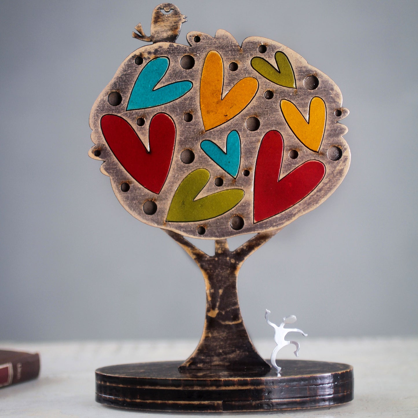 Tree of Love Colorful Peruvian Tree Sculpture with Hearts and Bird