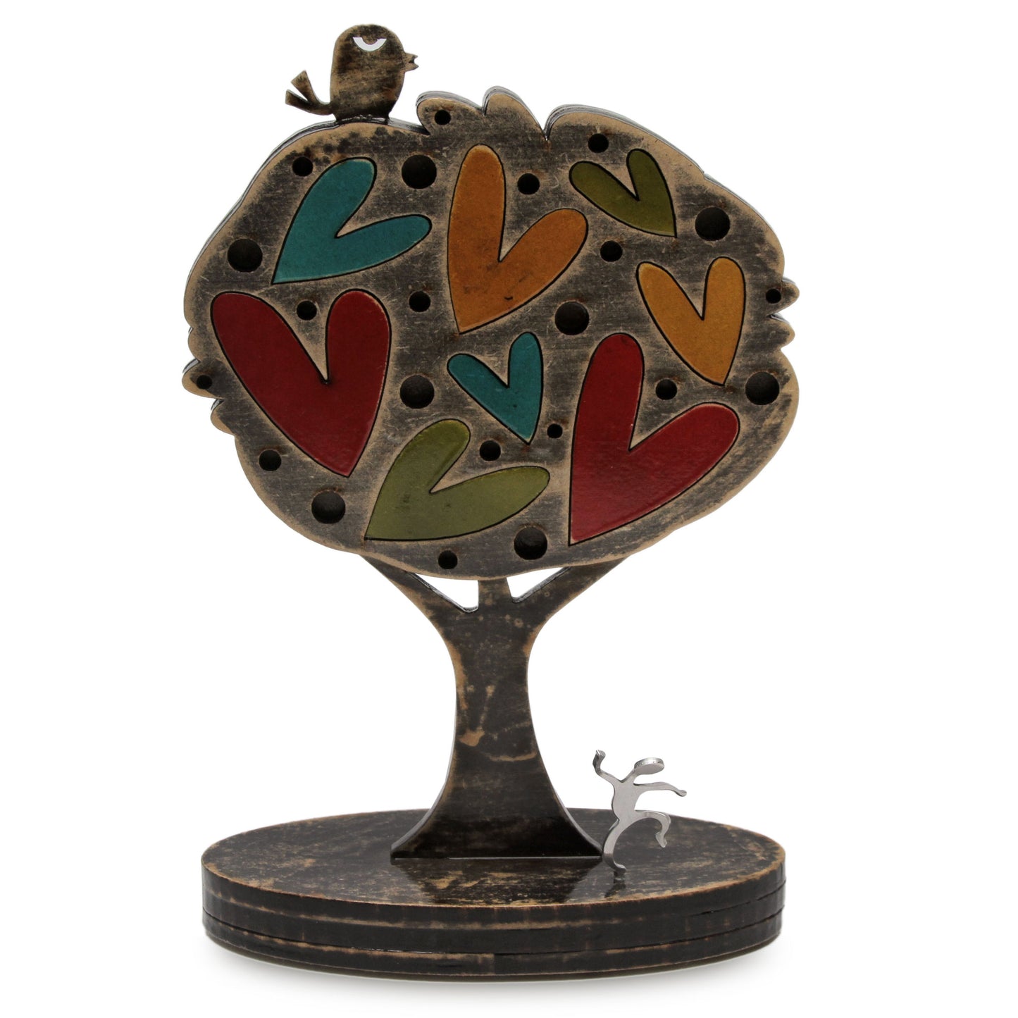 Tree of Love Colorful Peruvian Tree Sculpture with Hearts and Bird