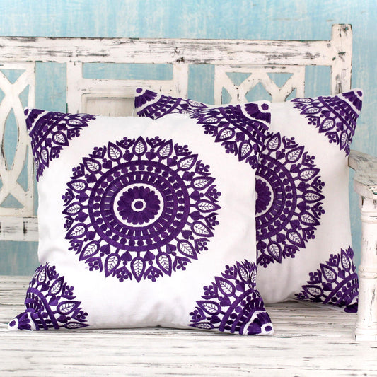Amethyst Mandalas Embroidered Purple on White Cushion Covers from India (Pair)