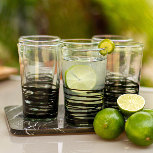 Ebony Spin Set of 6 Hand Blown Black Spiral Glass Tumblers from Mexico