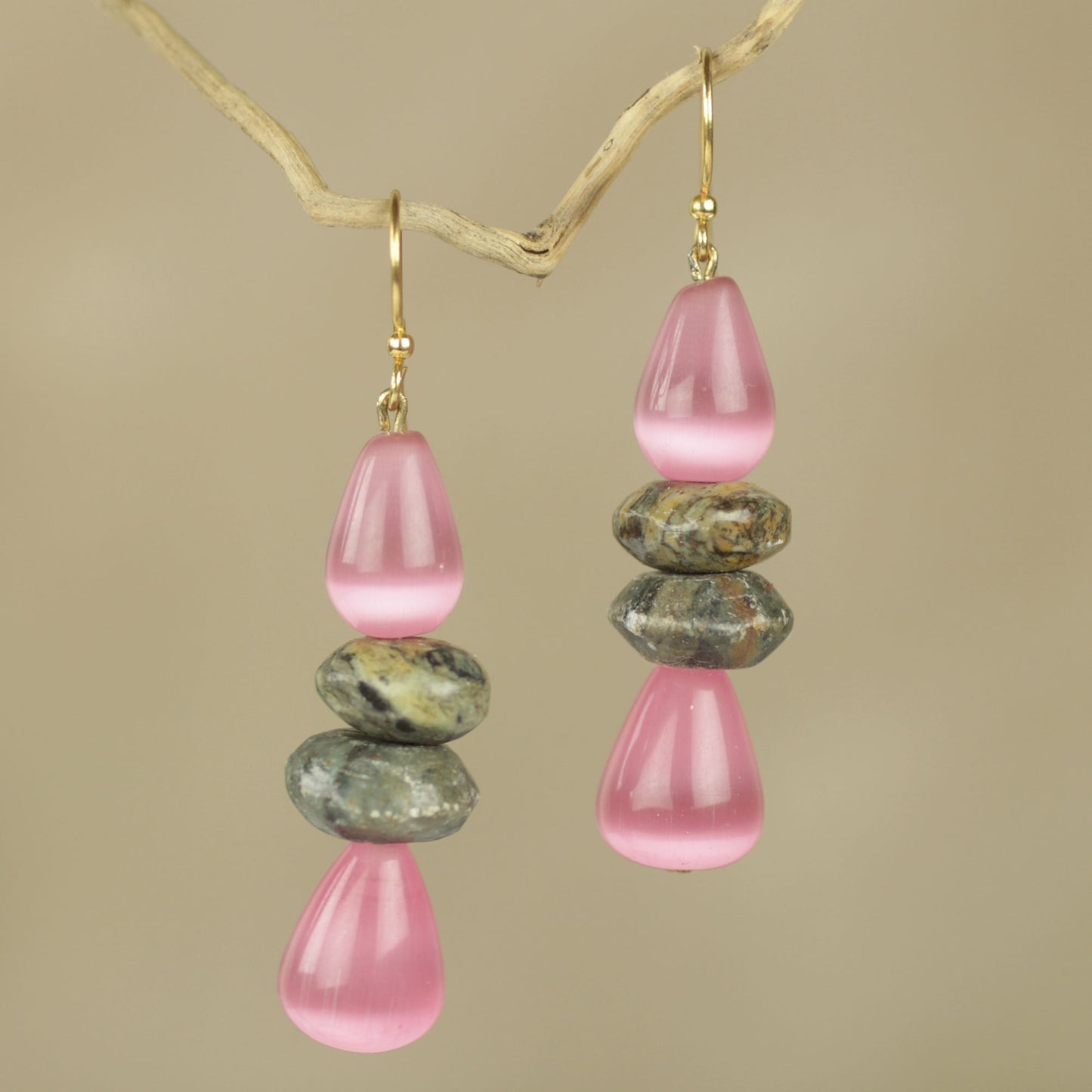 Odefo Fair Trade African Beaded Earrings with Pink Cat's Eye
