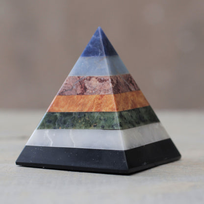 Positive Spirituality Artisan Crafted Seven Gem Pyramid Sculpture from the Andes