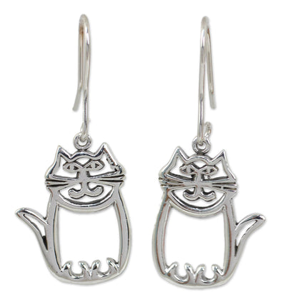 Whimsical Cat Silver Dangle Earrings