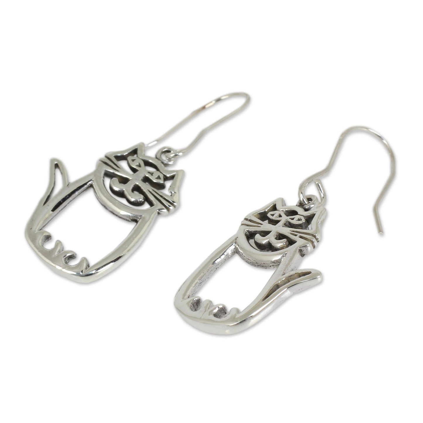 Whimsical Cat Silver Dangle Earrings