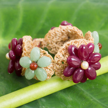 Floral Garland in Berry Deep Pink and Green Quartz Crocheted Flower Bracelet