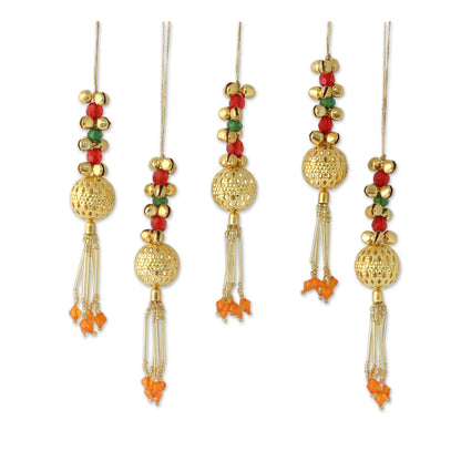 Jingle Bells Set of 5 Handcrafted Beaded Brass Bell Christmas Ornaments