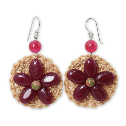 Blossoming Stargazer Artisan Crafted Earrings with Dark Pink Gemstone Flower