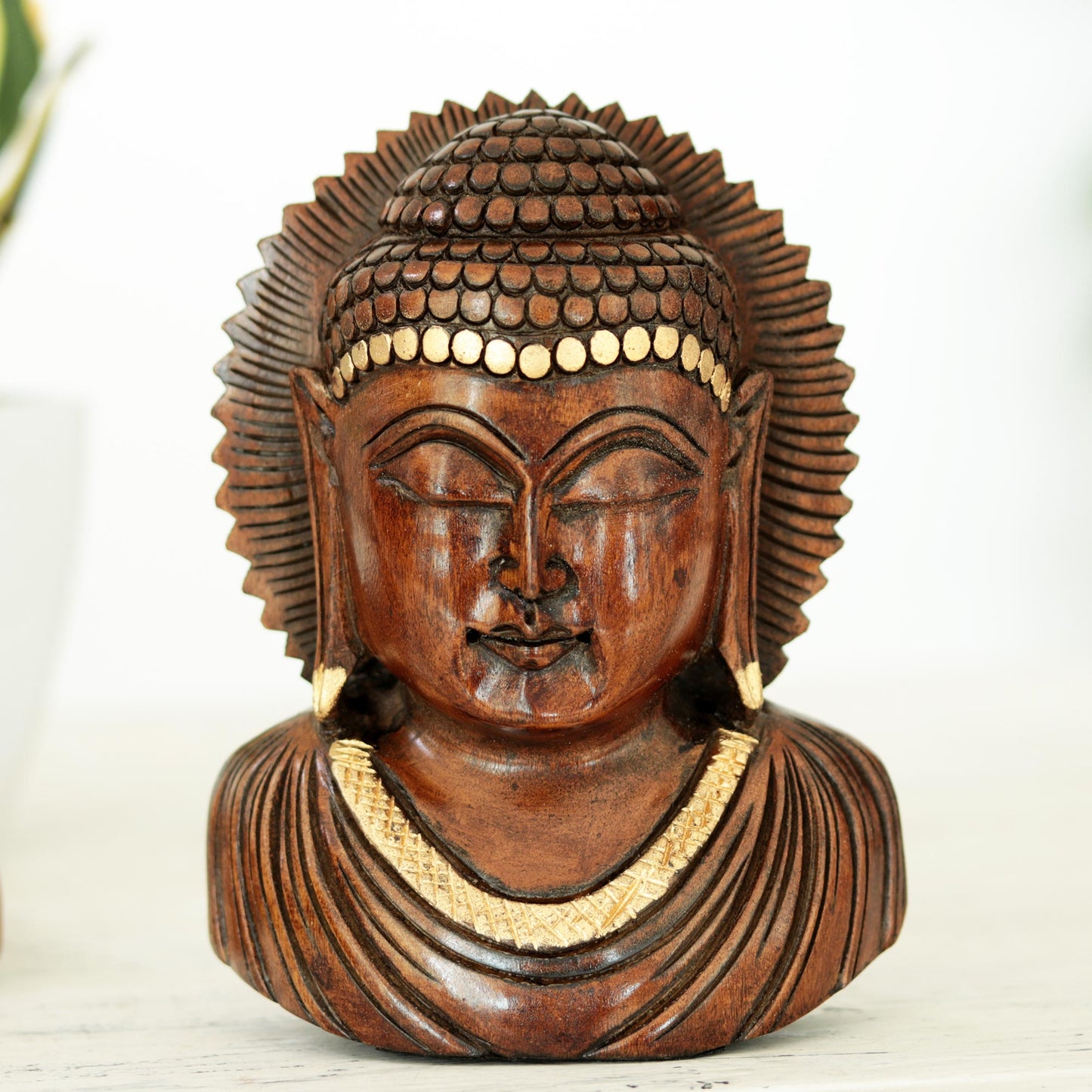 Peaceful Indian Buddha Vividly Hand Carved Wood Buddhist Antiqued Sculpture