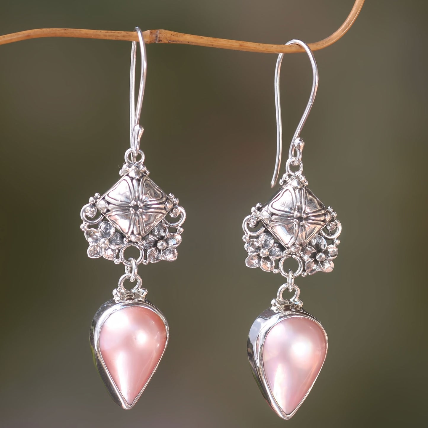 Budding Frangipani Handmade Pink Mabe Pearl and Silver Earrings from Bali