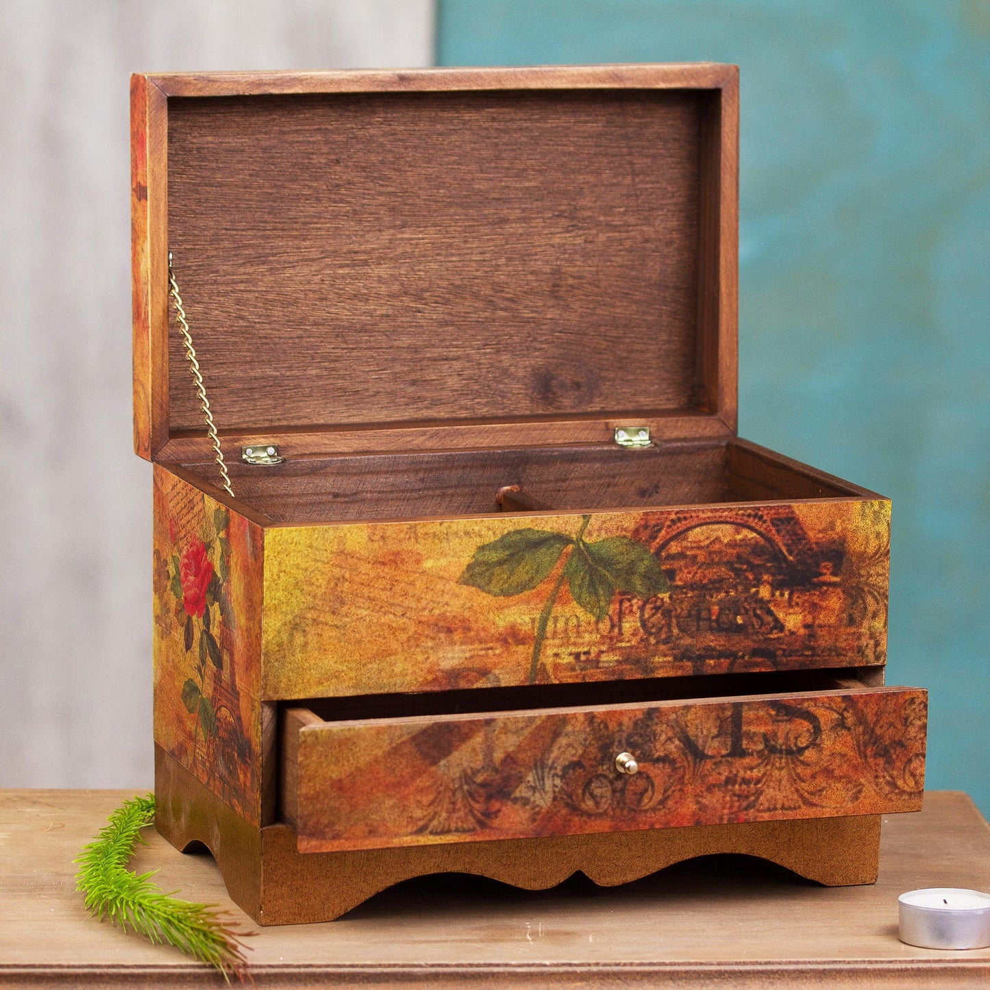 Thoughts of Paris Handcrafted Paris Theme Decoupage Jewelry Box with Drawer