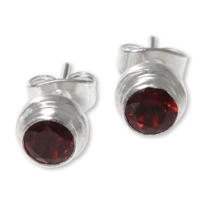 Red Simplicity Genuine Garnet and Sterling Silver Stud Earrings from Bali