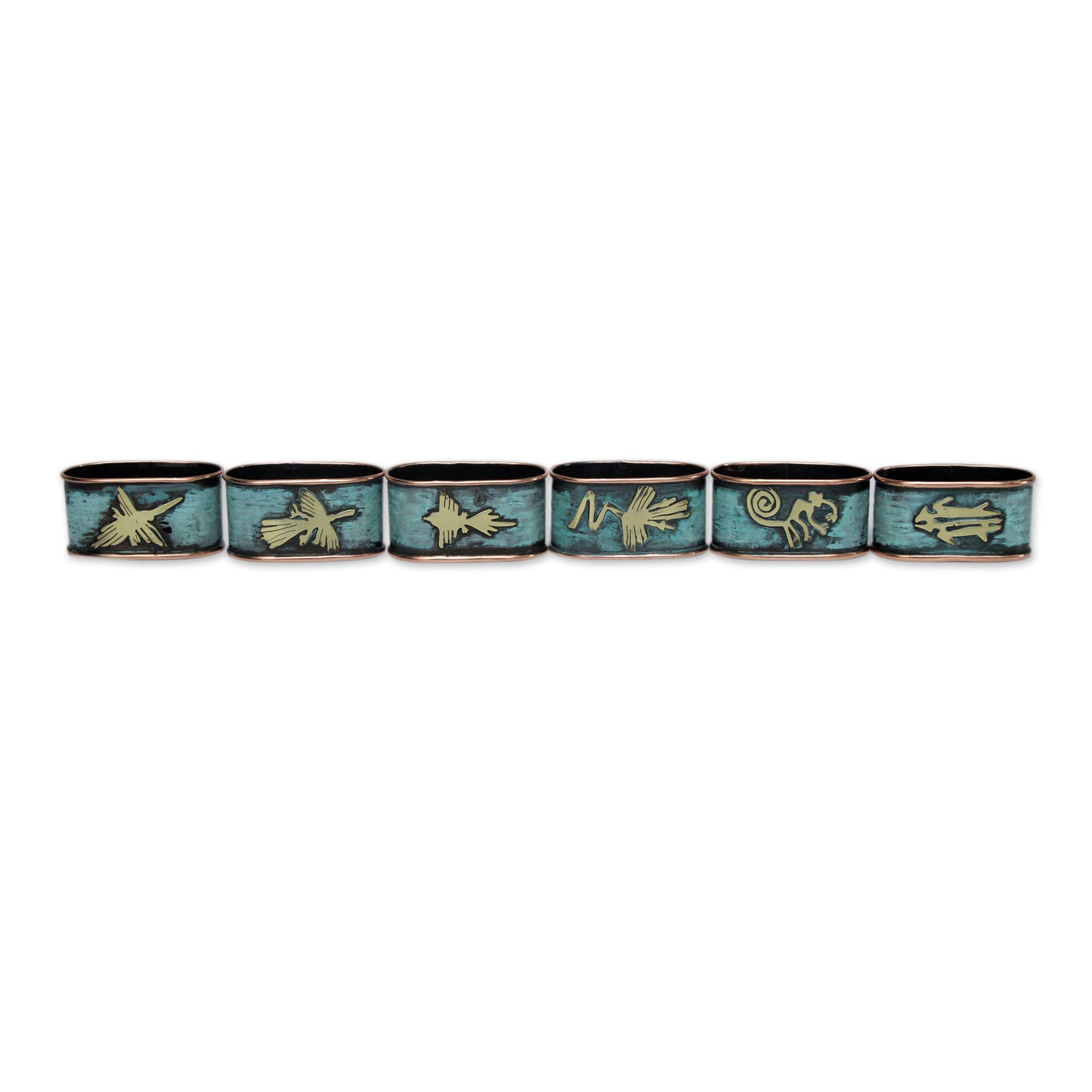 Nazca Marvels Copper Napkin Rings with Bronze Nazca Images (Set of 6)