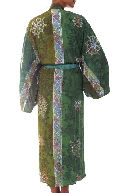 Pancaroba Handmade Batik Women's Robe from Bali in Shades of Green