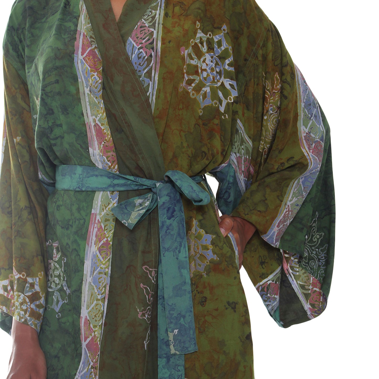 Pancaroba Handmade Batik Women's Robe from Bali in Shades of Green