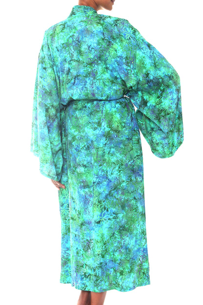 Ocean Jungle Green and Blue Tie-Dye and Batik Rayon Belted Robe