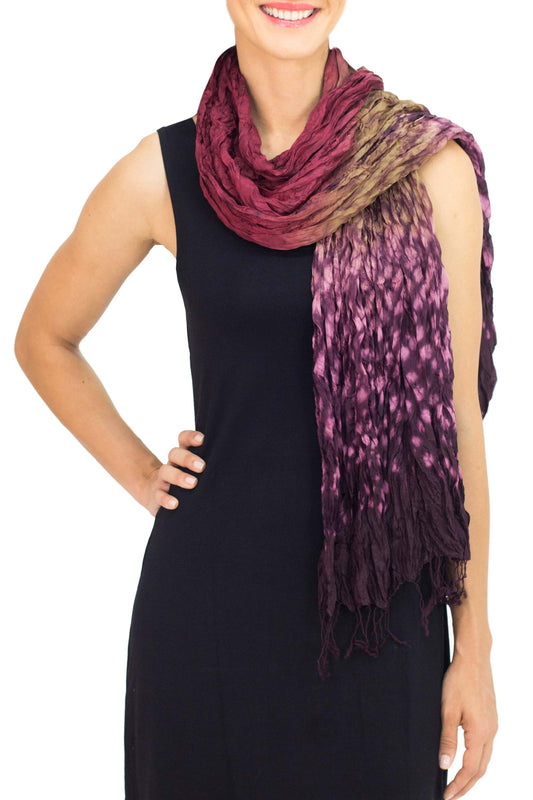 Fabulous Orchid Hand Crafted Red-Purple Crinkled Scarf with Tie-Dye Patterns