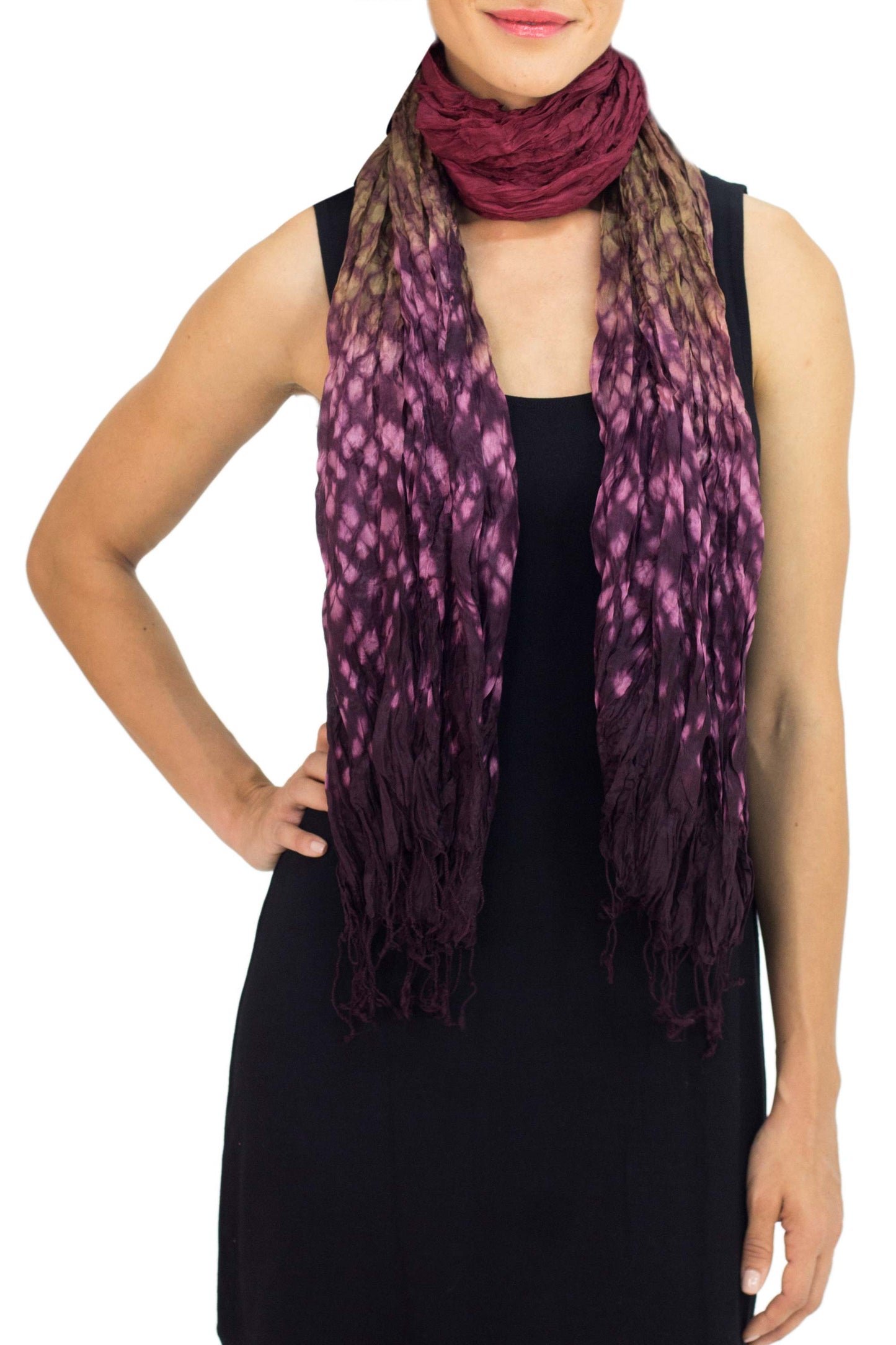 Fabulous Orchid Hand Crafted Red-Purple Crinkled Scarf with Tie-Dye Patterns