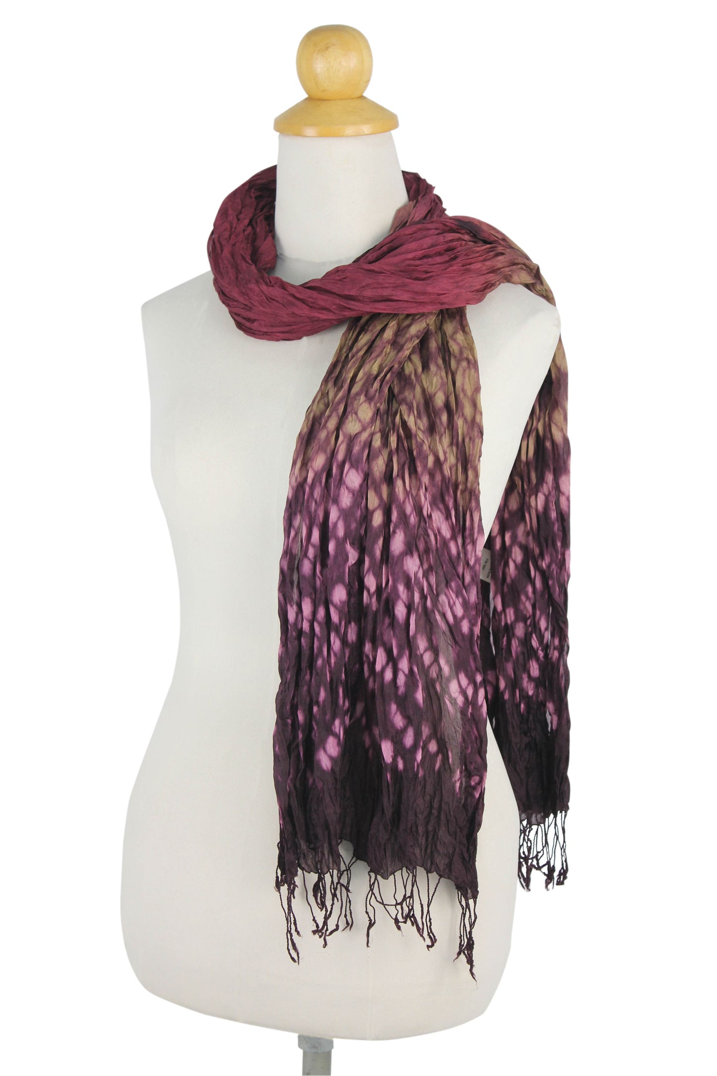 Fabulous Orchid Hand Crafted Red-Purple Crinkled Scarf with Tie-Dye Patterns