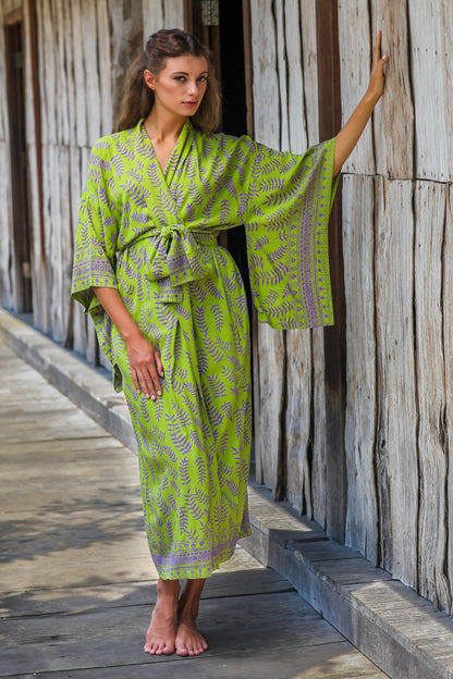 Tropical Fern Forest Balinese Green and Purple Fern Leaf Rayon Kimono Style Robe