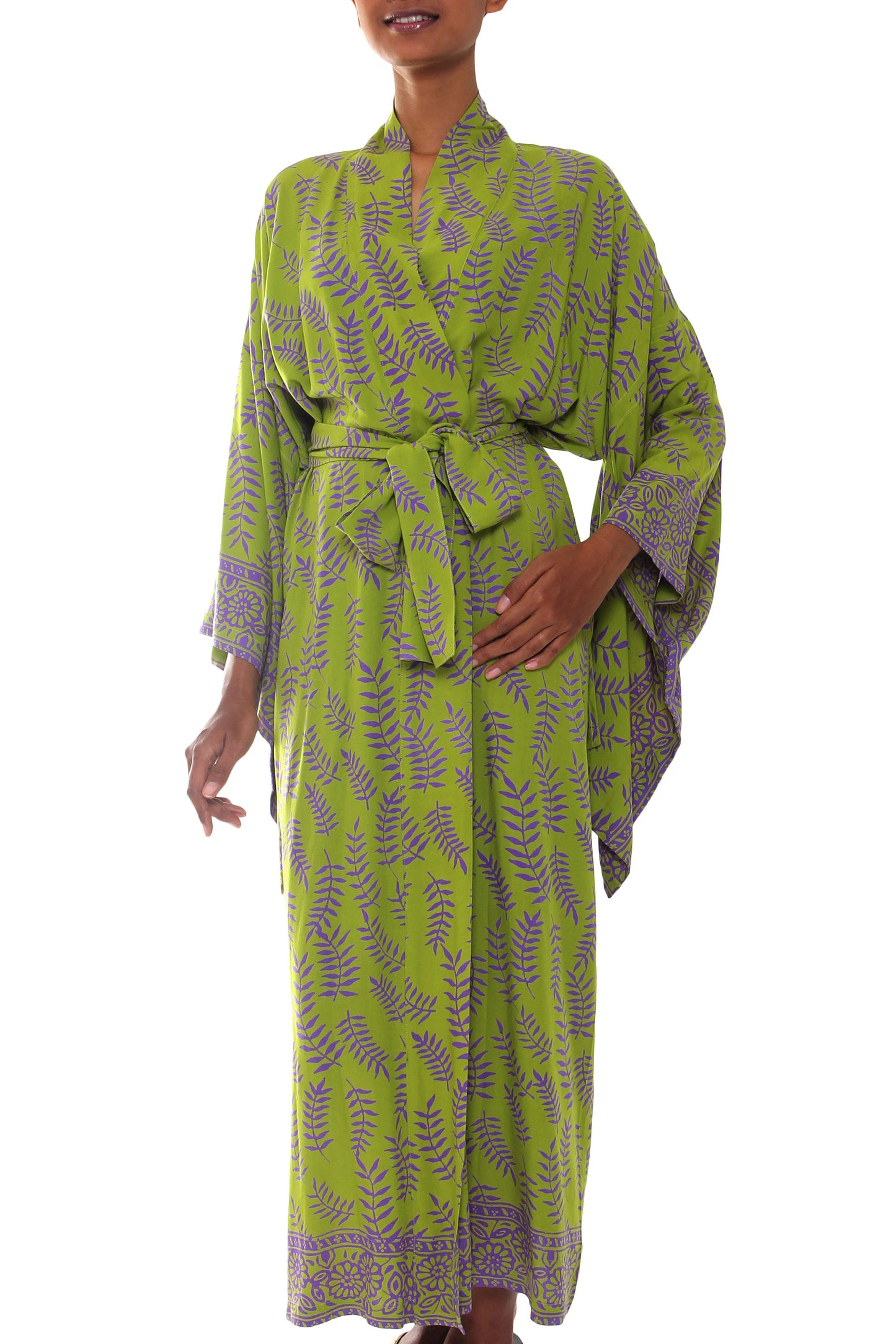 Tropical Fern Forest Balinese Green and Purple Fern Leaf Rayon Kimono Style Robe