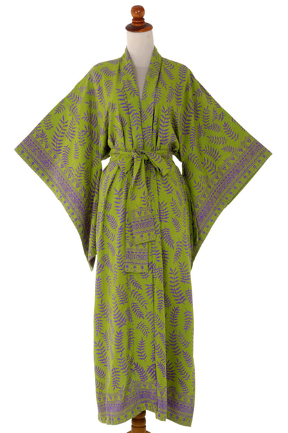 Tropical Fern Forest Balinese Green and Purple Fern Leaf Rayon Kimono Style Robe