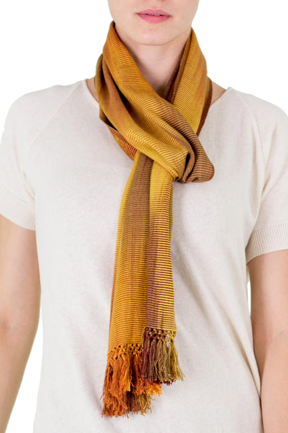 Iridescent Ocher Ocher and Copper Hand Woven Rayon Scarf