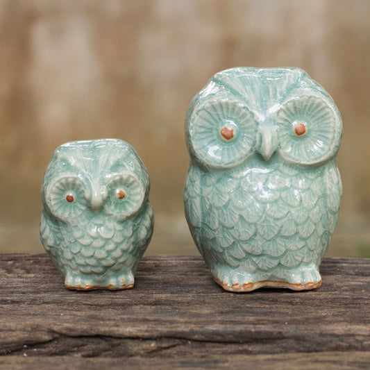 Little Light Blue Owls Hand Made Celadon Ceramic Owl Figurines from Thailand (Pair)