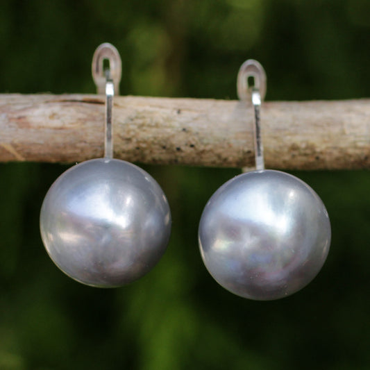 Shadowy Moon Handcrafted Gray Pearl Drop Earrings from Thai Artisan