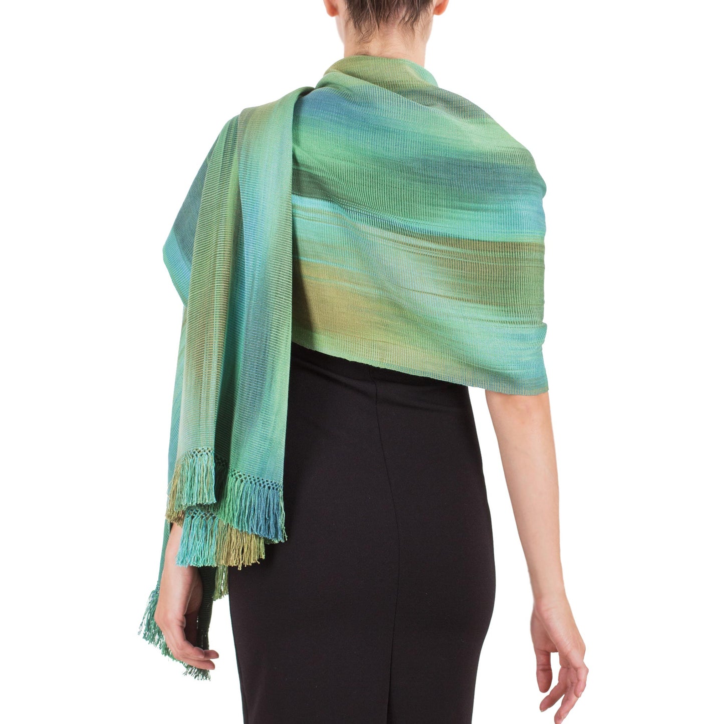 Peaceful Green and Turquoise Hand Woven Rayon Chenille Shawl