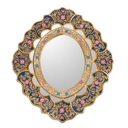 Golden Garden Unique Floral Wood Reverse Painted Art Glass Wall Mirror