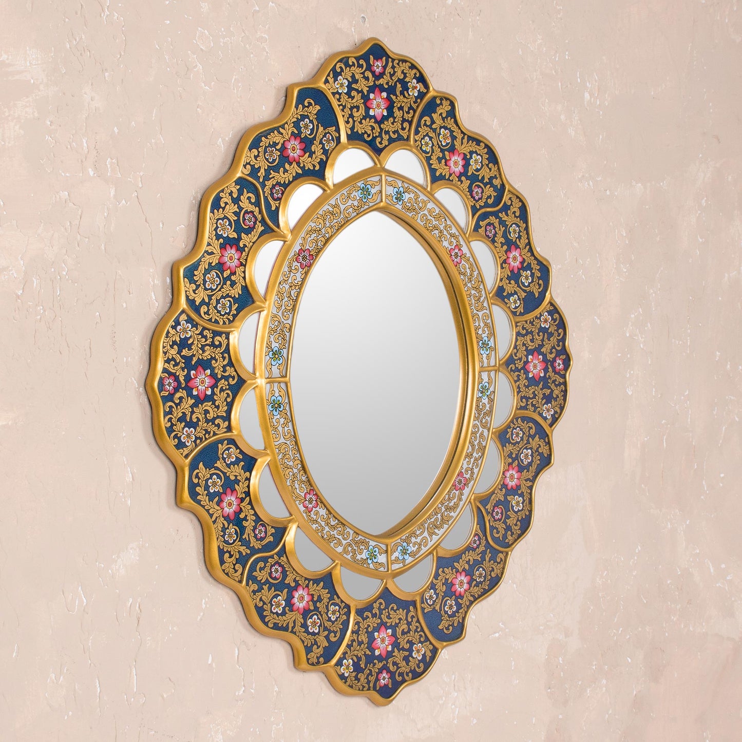 Golden Garden Unique Floral Wood Reverse Painted Art Glass Wall Mirror