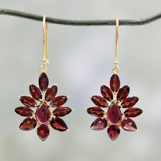 Claret Sunburst Hand Crafted 18k Gold Plated Earrings with Garnets