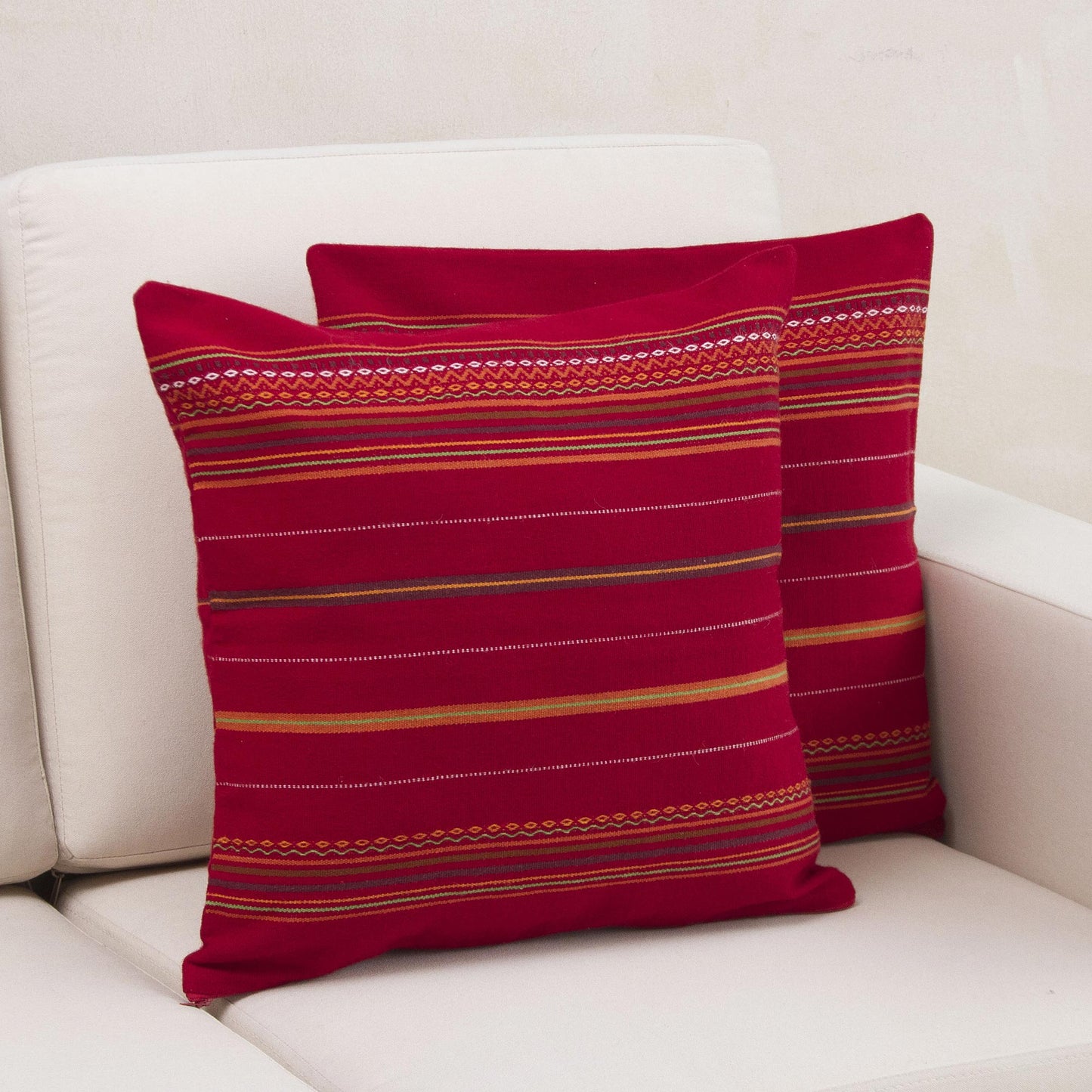 Peruvian Cherry Red Alpaca Blend Hand Woven Cushion Cover Pair