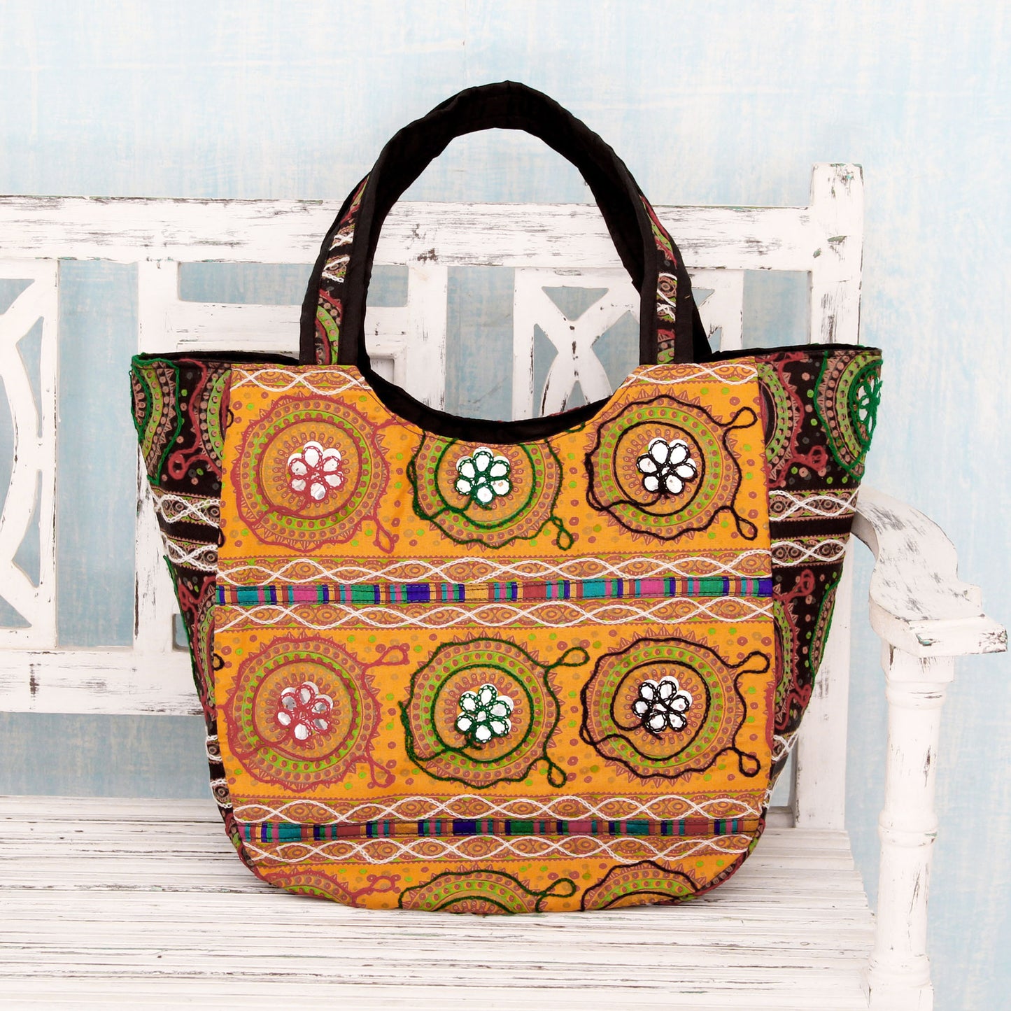 Colors of Gujarat Colorful Orange Embroidered Cotton Shoulder Bag from India