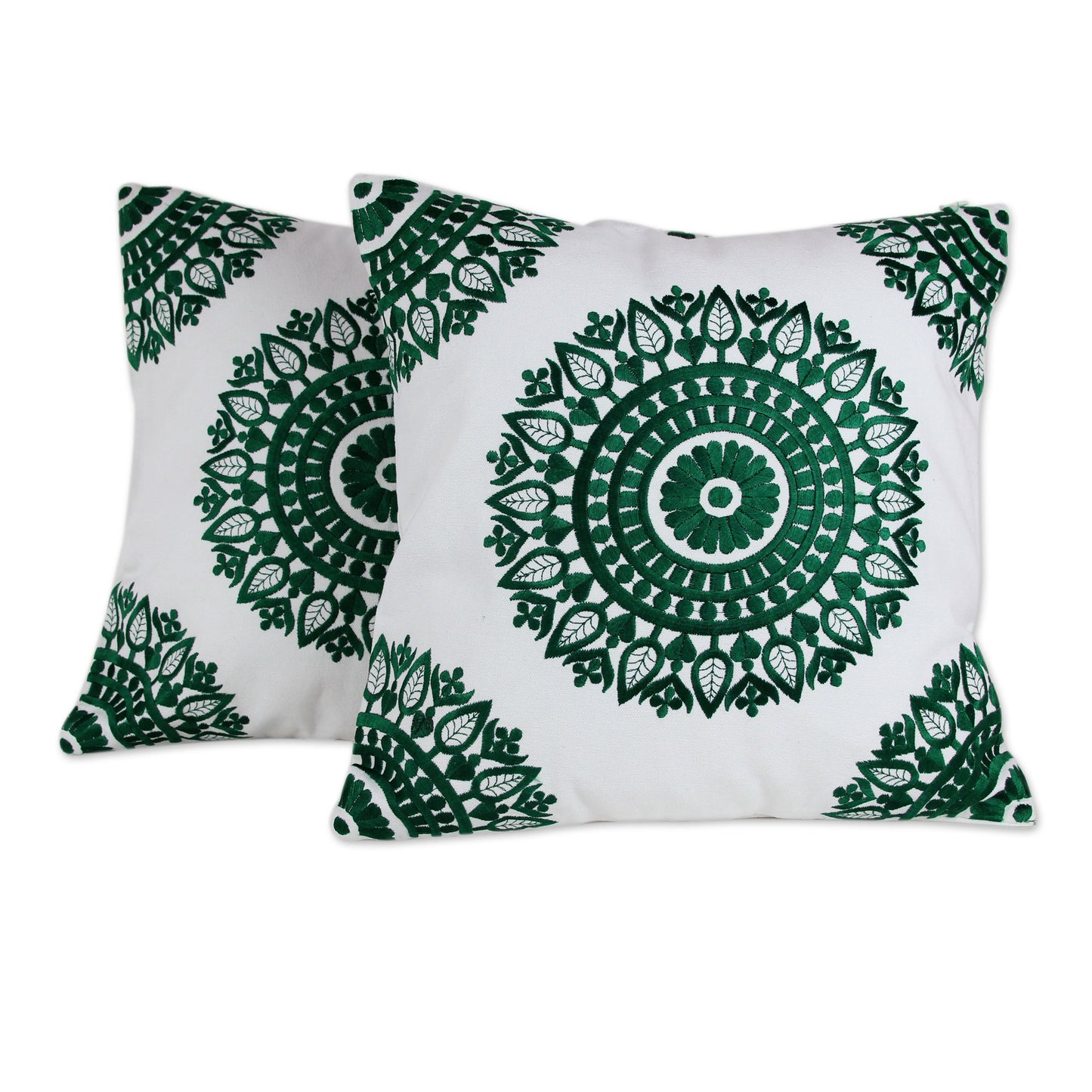 Emerald Delight Green and White Embroidered Cotton Cushion Covers (Pair)