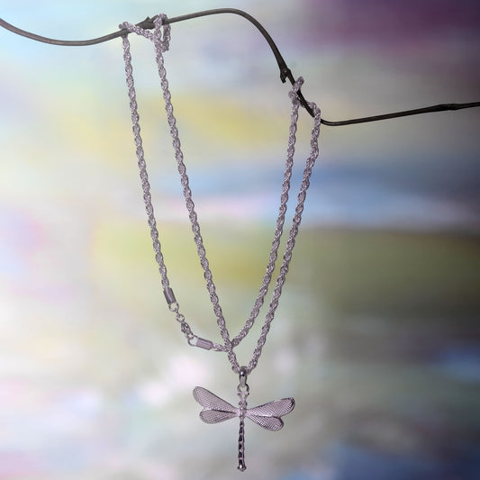 White Dragonfly Silver Pendant Necklace