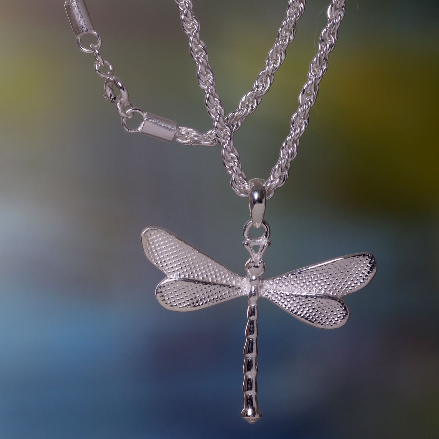 White Dragonfly Silver Pendant Necklace