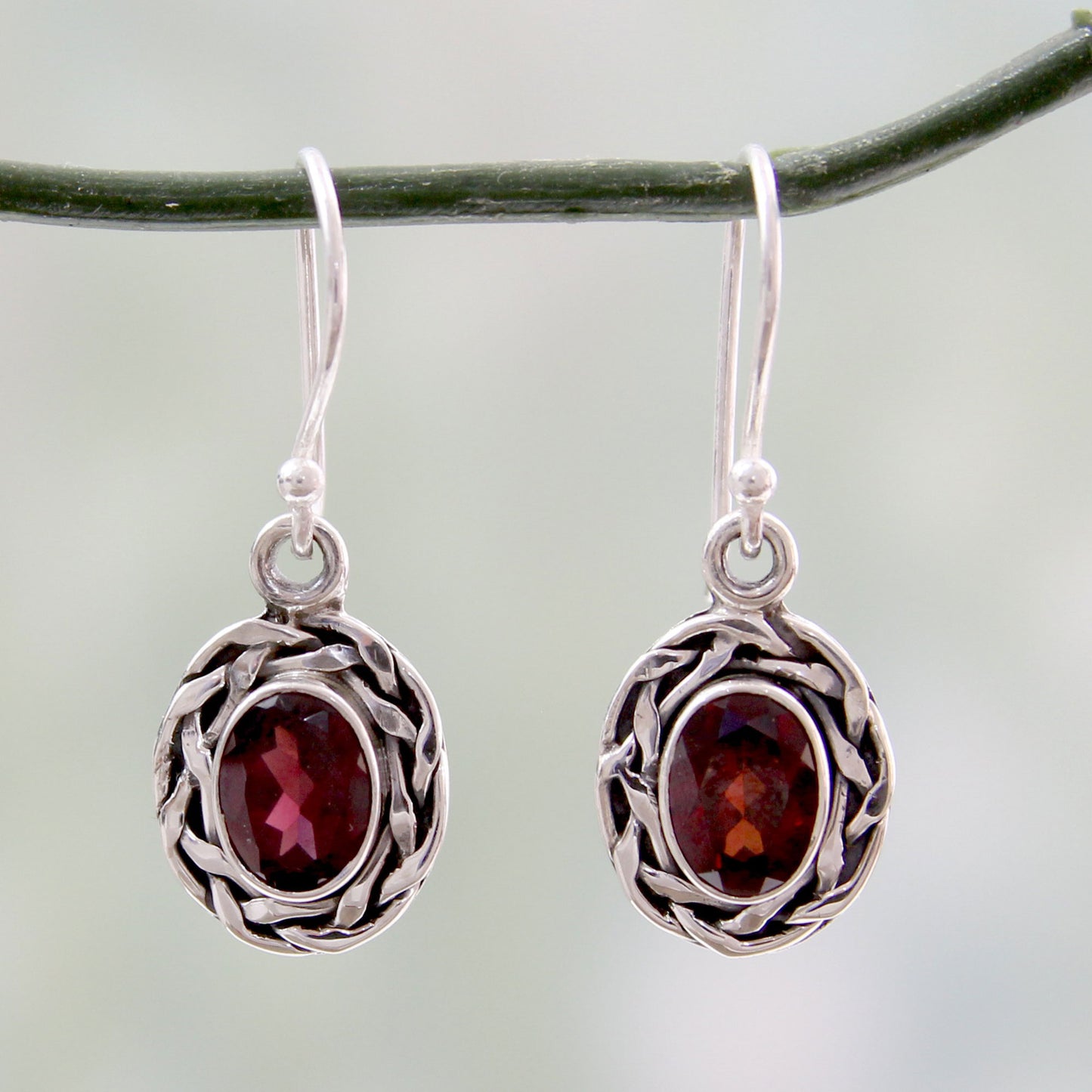 Indian Basket Woven Silver & Garnet Earrings