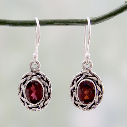 Indian Basket Woven Silver & Garnet Earrings