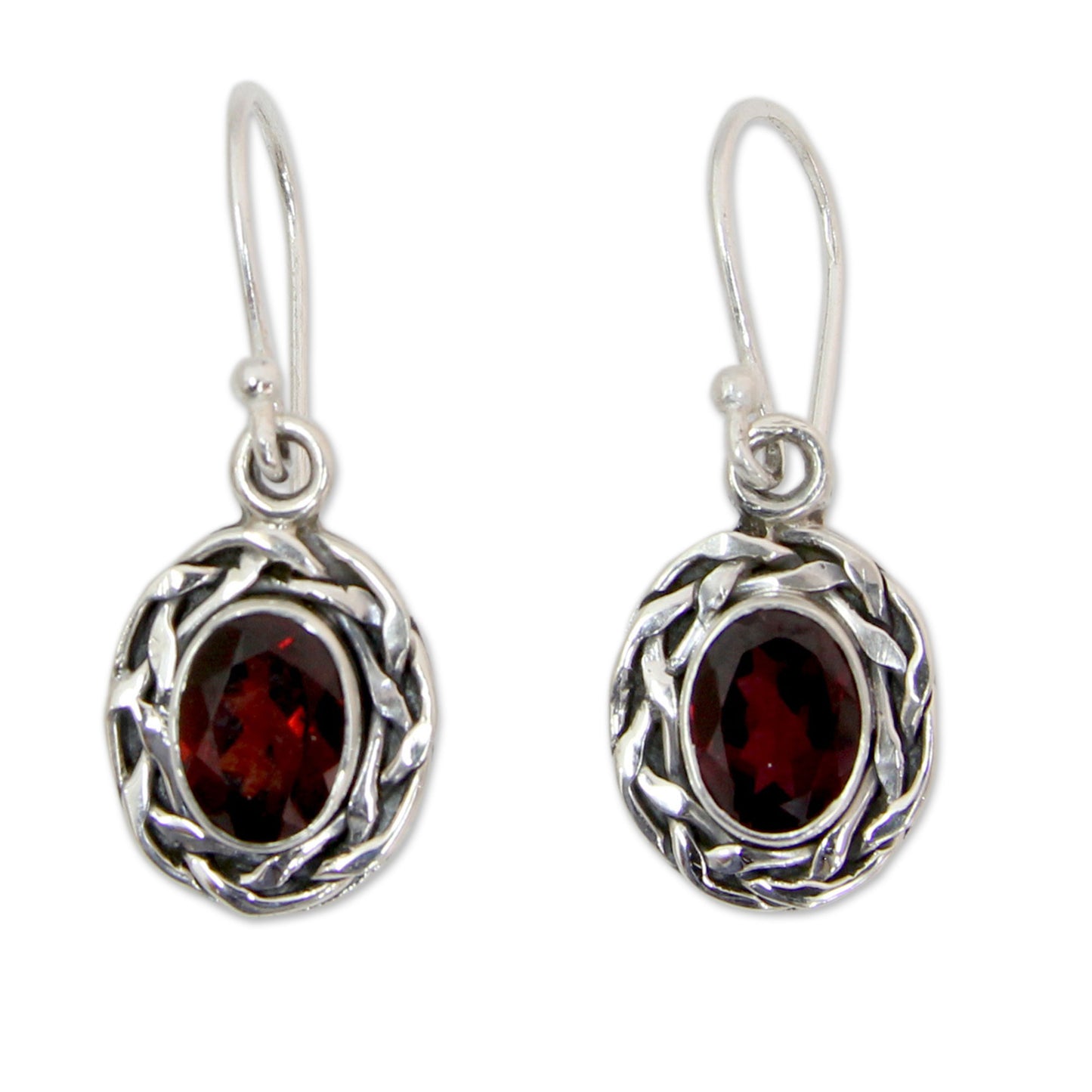 Indian Basket Woven Silver & Garnet Earrings