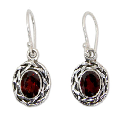 Indian Basket Woven Silver & Garnet Earrings