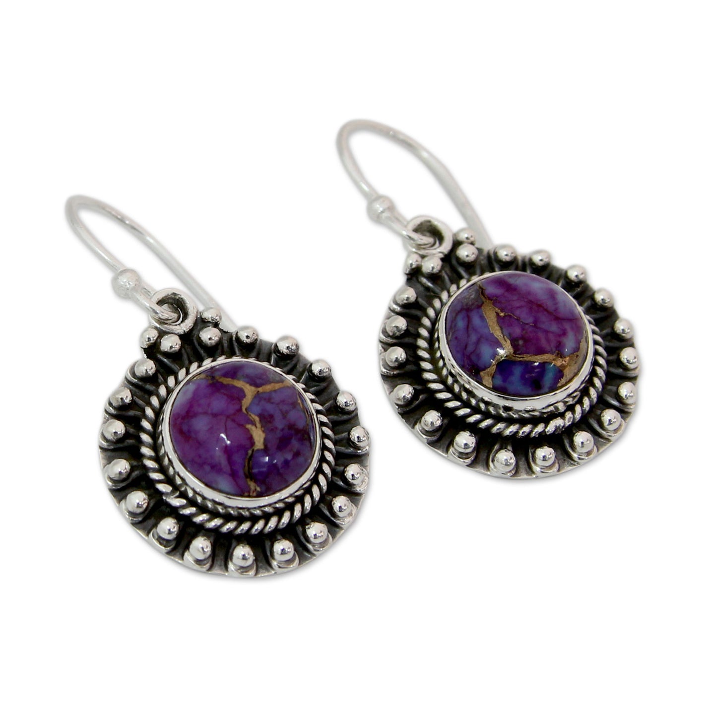 Purple Fire Turquoise & Silver Dangle Earrings