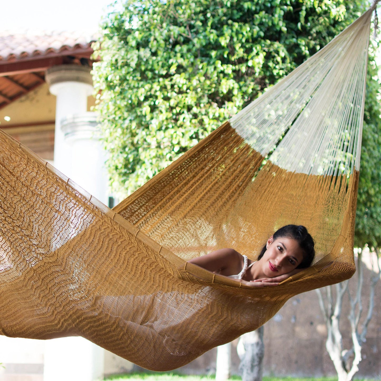 Caribbean Sun Mexican Hand Woven Yellow-Brown Cotton Hammock Triple Size