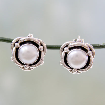 Regal Aura Cultured White Pearl and Sterling Silver Button Earrings