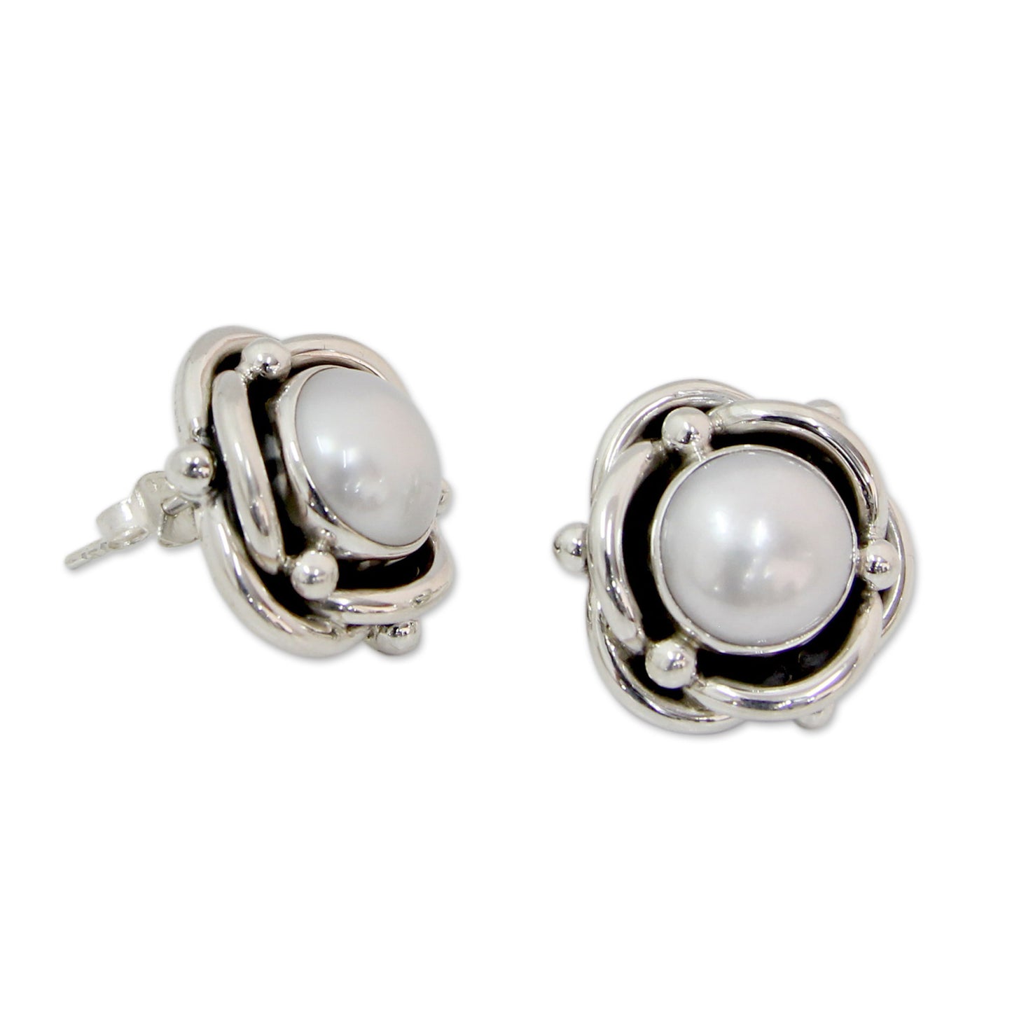 Regal Aura Cultured White Pearl and Sterling Silver Button Earrings